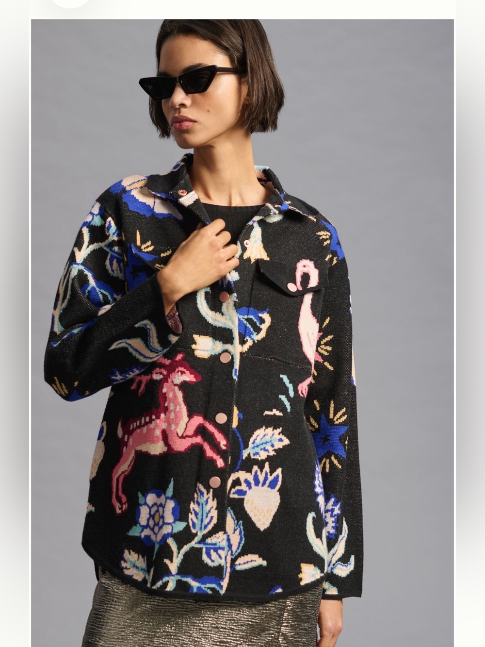 Anthropologie Icon Flamingo Deer Animal Printed Sweater Jacket